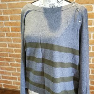 Grey sweater with olive green stripes and side sho
